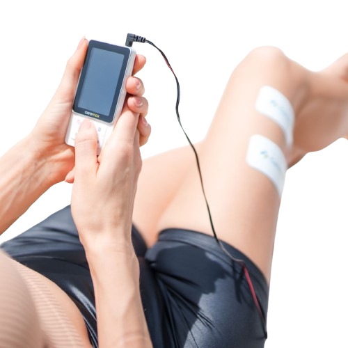 
EMS device image: "Person using a Dual Output EMS Muscle Stimulator for pain relief and improved circulation in diabetes management."